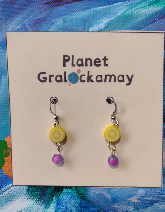 Lemon Drop Earrings on a card. These earrings are made with surgical Steel French hooks.